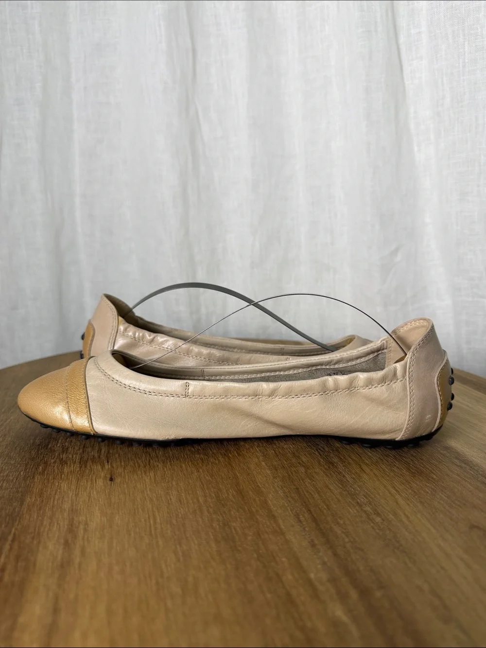 Tod's Two-Tone Beige & Tan Leather Ballet Flats with Buckle